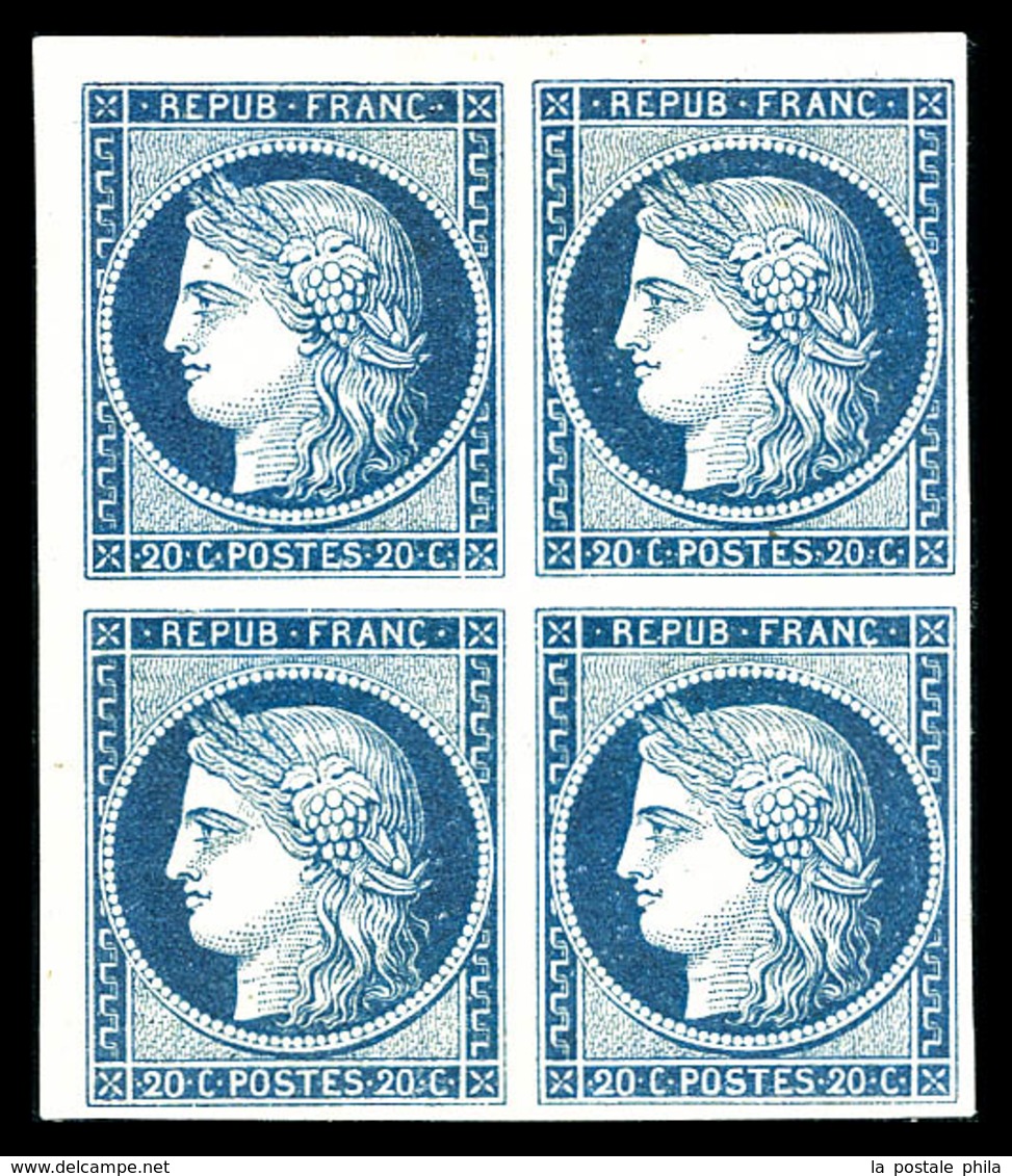 (*) N°8, Non émis, 20c Bleu Sur Jaunâtre Nuance Foncée En Bloc De Quatre Petit Coin De Feuille, Toujours Sans Gomme. SUP - 1849-1850 Ceres