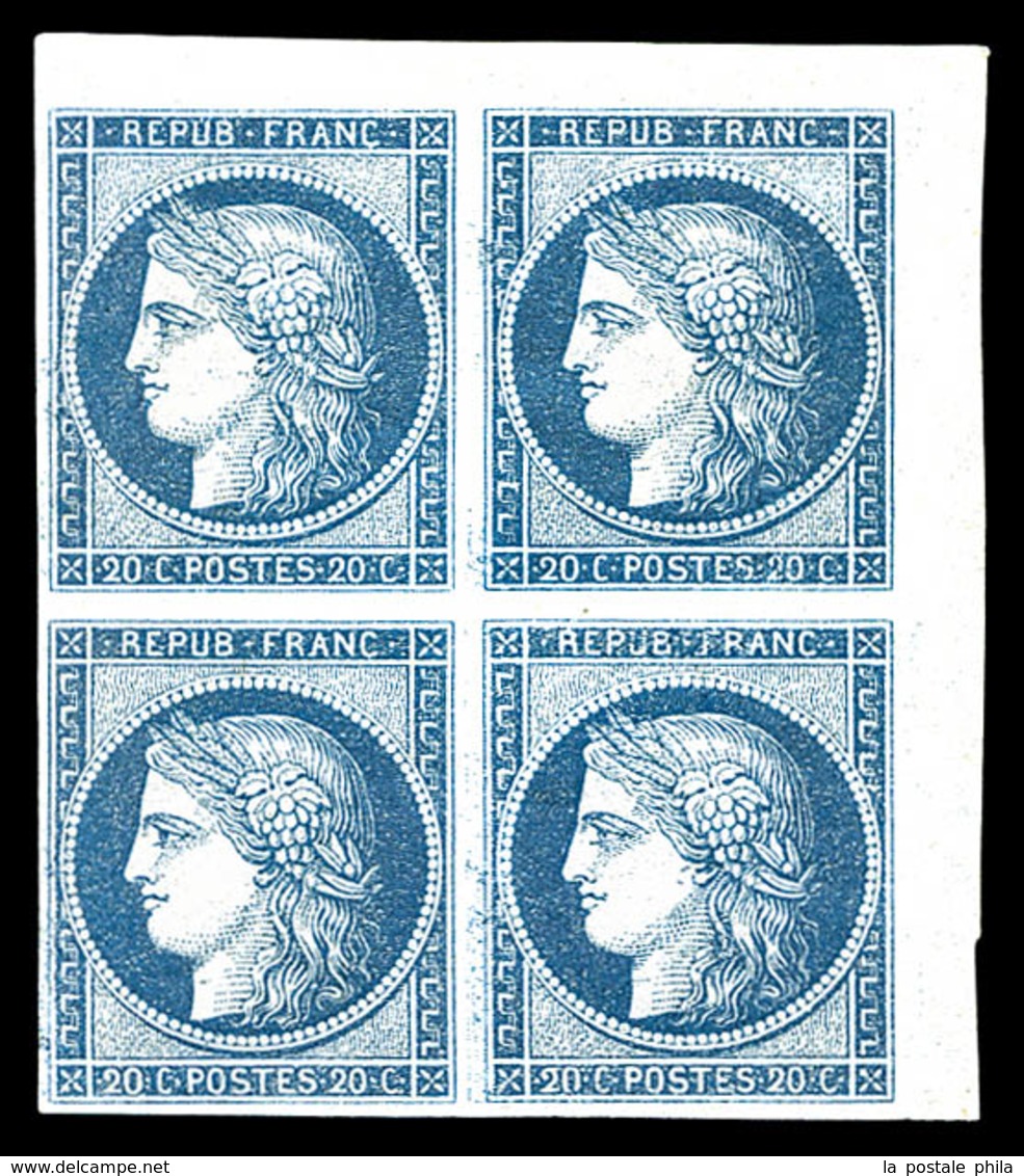 ** N°8b, Non émis, 20c Bleu Sur Azuré En Bloc De Quatre Coin De Feuille (1ex*), Piece D'une Qualité Exceptionnelle, R.R. - 1849-1850 Ceres