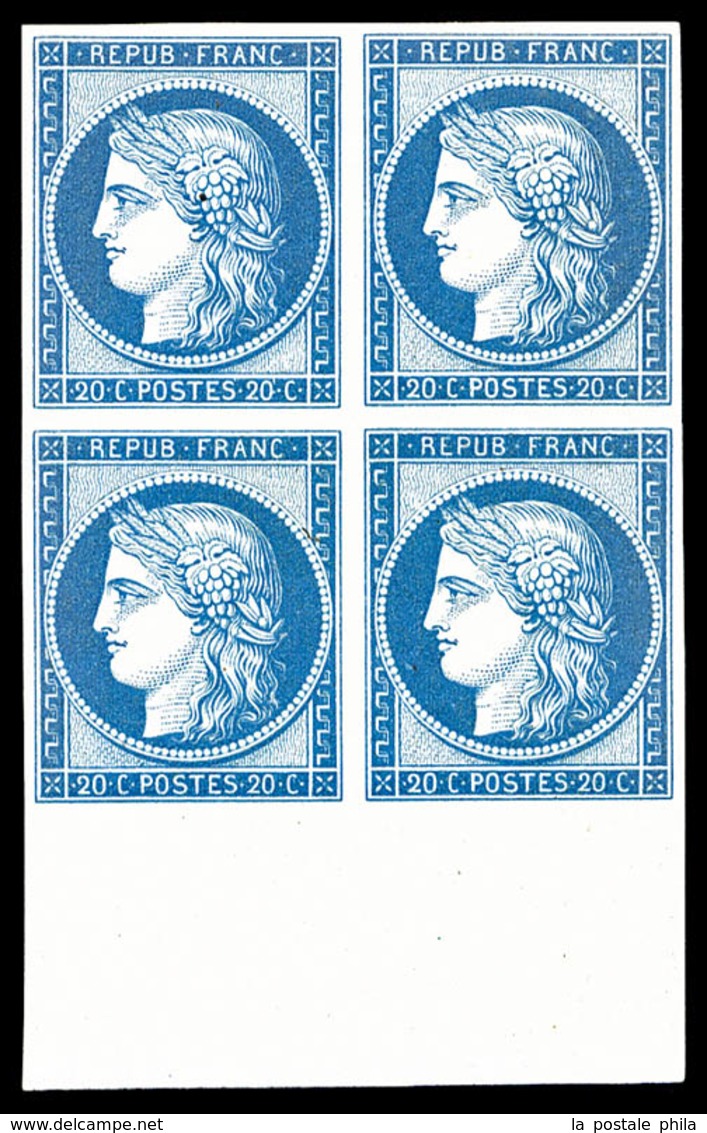 * N°8f, Non émis, 20c Bleu Impression De 1862 En Bloc De Quatre Bas De Feuille, Fraîcheur Postale, SUP (certificat)  Qua - 1849-1850 Ceres