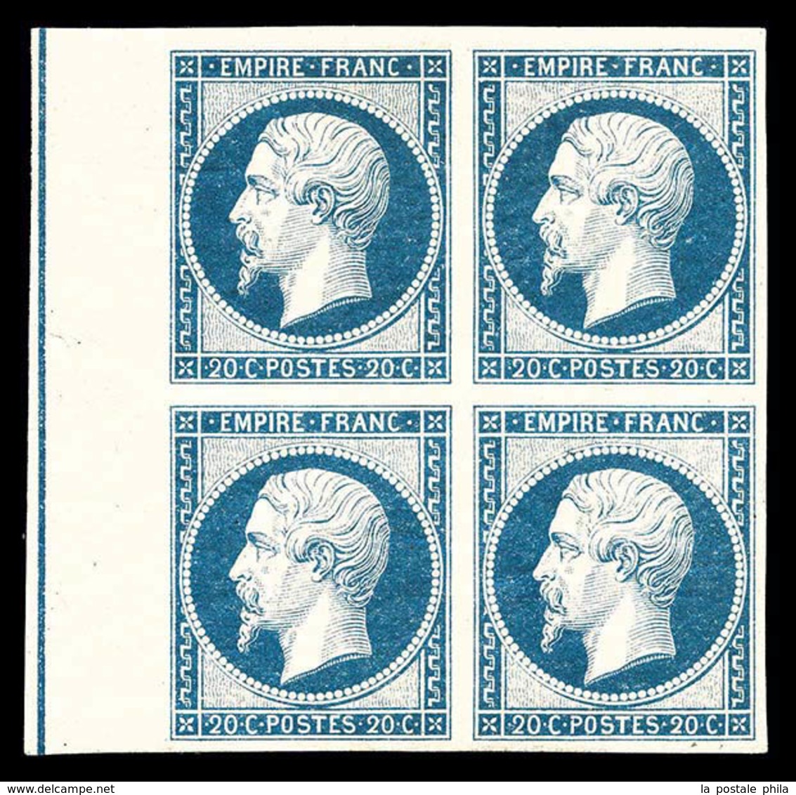 ** N°14Ai, 20c Bleu Laiteux En Bloc De Quatre (1ex*) Bord De Feuille Latéral Avec Filet D'encadrement, SUPERBE (certific - 1853-1860 Napoléon III.