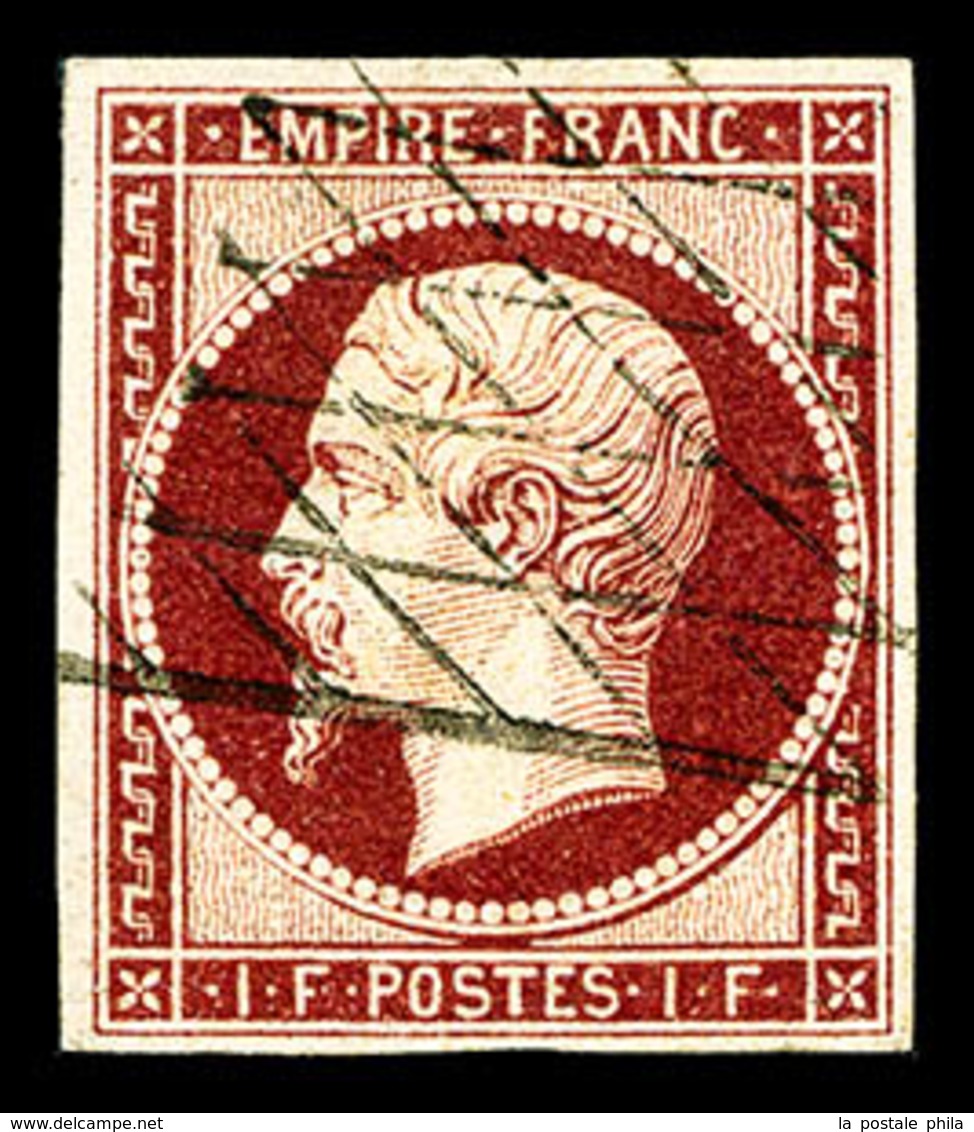 O N°18a, 1F Carmin Foncé, Obl Grille Sans Fin, R.R. SUPERBE (signé Brun/certificat)  Qualité: O  Cote: 4700 Euros - 1853-1860 Napoléon III.