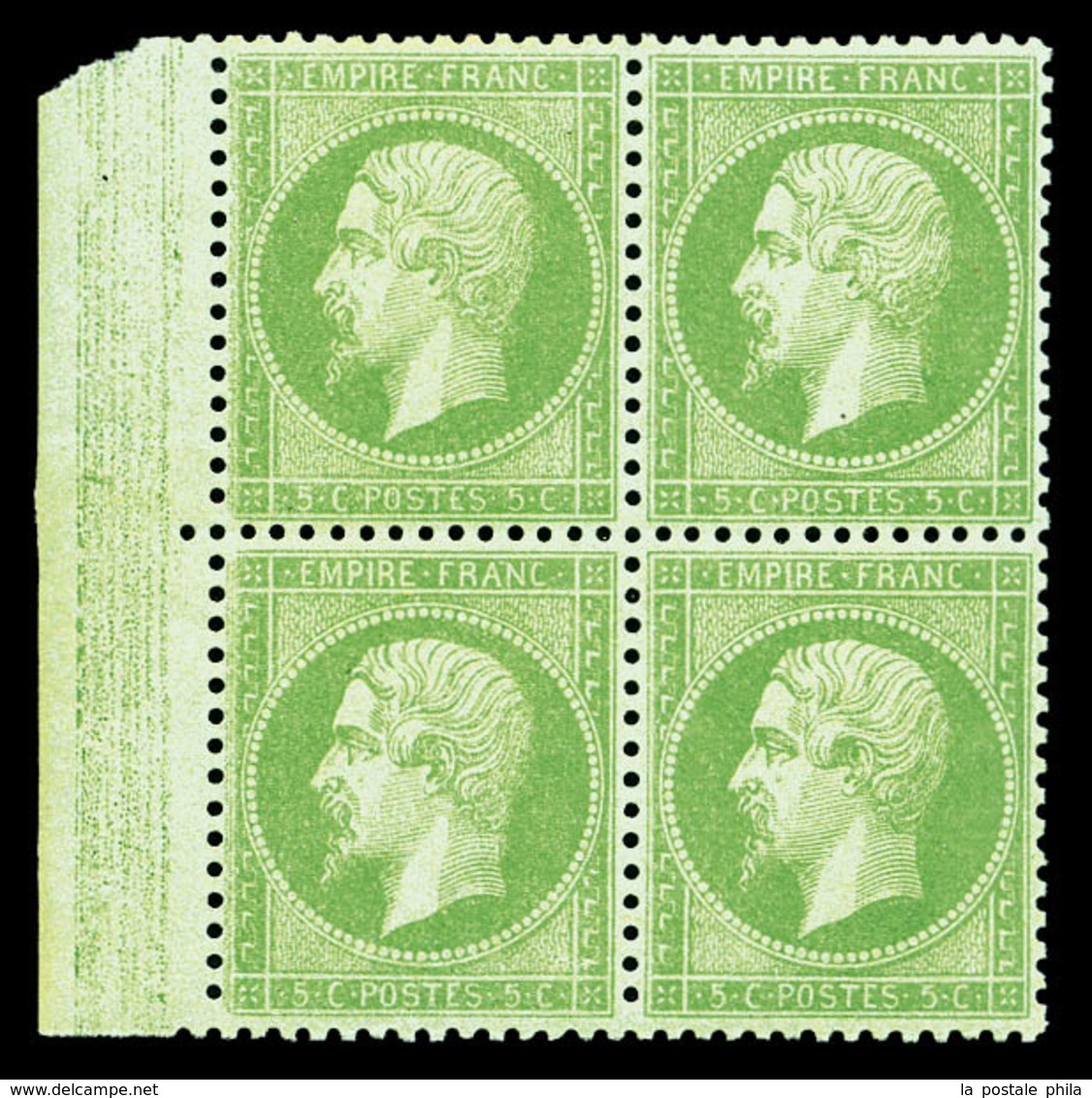 ** N°20g, 5c Vert-jaune Sur Verdâtre, Bloc De Quatre Bdf, Très Bon Centrage. Fraîcheur Postale. SUPERBE (certificat)  Qu - 1862 Napoléon III.