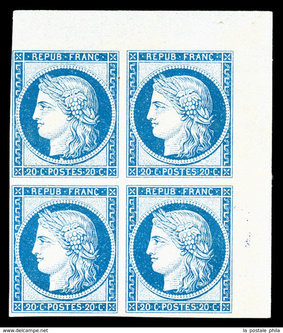 * N°37f, 20c Bleu IMPRESSION DE GRANET Non Dentelé En Bloc De Quatre Coin De Feuille, SUPERBE (certificat)   Qualité: * - 1870 Belagerung Von Paris