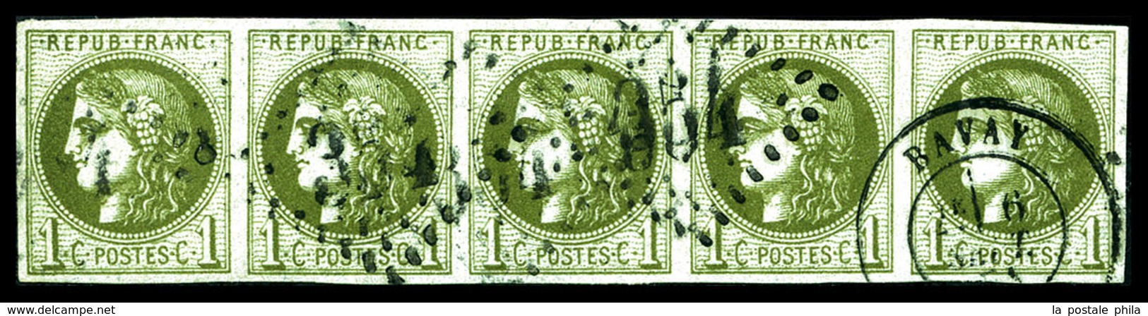 O N°39C, 1c Olive Report 3, Bande De Cinq. TTB (signé Calves/certificat)  Qualité: O  Cote: 1100 Euros - 1870 Ausgabe Bordeaux