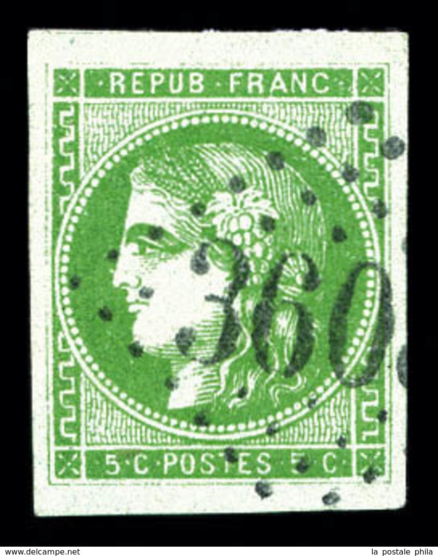 O N°42B, 5c Vert-jaune Rep 2 Obl GC, Belles Marges. SUP (signé Brun/certificat)  Qualité: O - 1870 Emisión De Bordeaux