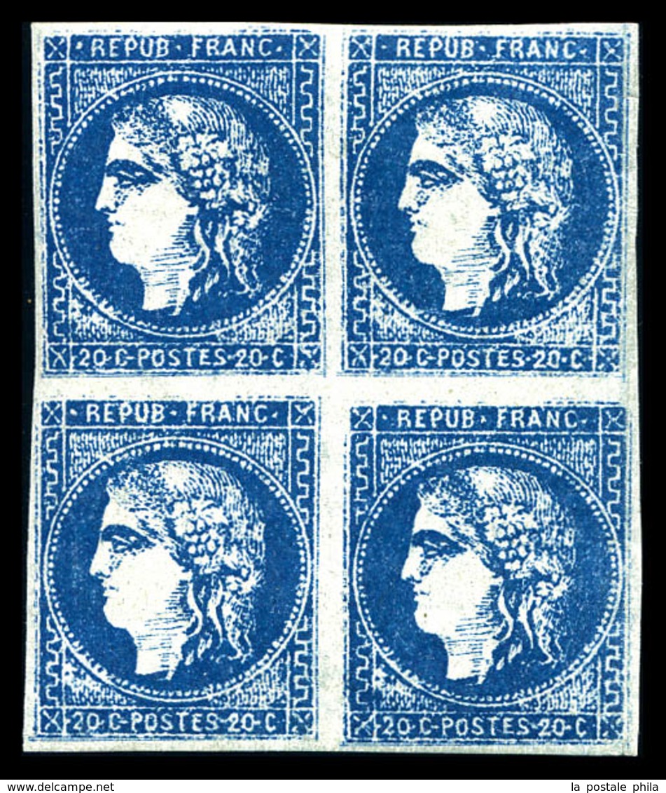 ** N°46, 20c Bleu, Faux De Marseille En Bloc De Quatre (1ex*). TB. R. (certificat)  Qualité: ** - 1870 Bordeaux Printing