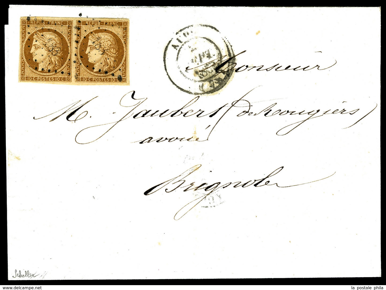 O N°1a, 10c Bistre Brun-foncé En Paire Sur Lettre De Aups Le 2 Septembre 1852 Pour Brignoles. SUP (signé Scheller/certif - 1849-1876: Période Classique