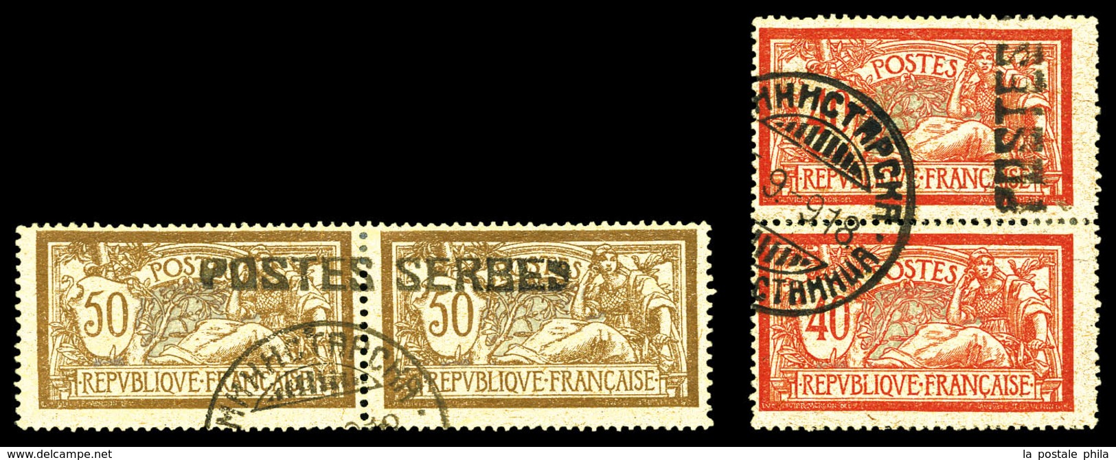 O N°11 Et 13: 40c Et 50c Merson En 2 Paires Surchargée. TTB (certificat)  Qualité: O  Cote: 380 Euros - War Stamps