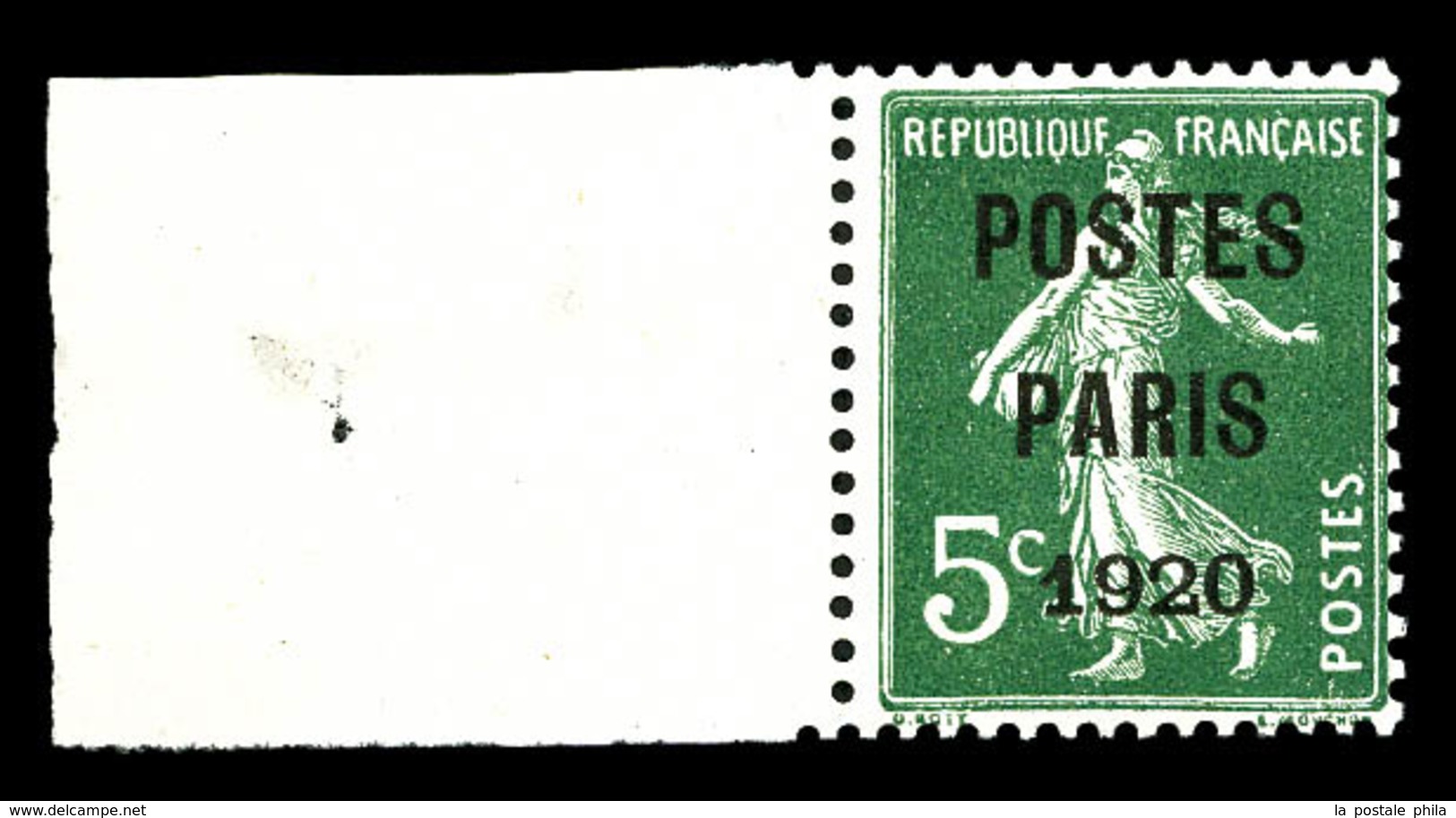 ** N°24, 5c Vert Surchargé 'POSTE PARIS 1920' Bdf Latéral, Fraîcheur Postale, SUP (certificat)  Qualité: **  Cote: 850 E - 1893-1947