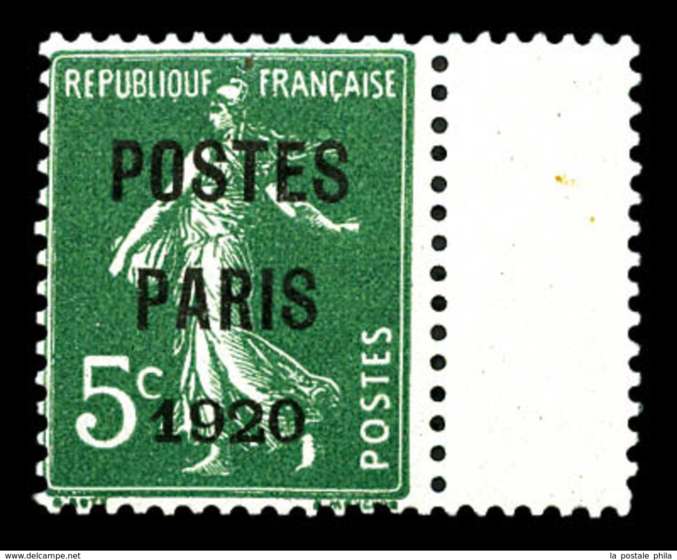 ** N°24, 5c Vert Surchargé 'POSTE PARIS 1920' Bdf Latéral, Fraîcheur Postale, SUP (certificat)  Qualité: **  Cote: 850 E - 1893-1947
