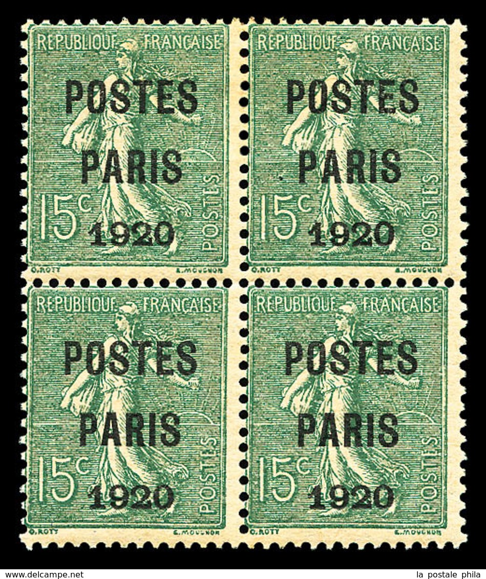 * N°25, 15c Vert-olive Surchargé 'POSTE PARIS 1920' En Bloc De Quatre, Légère Rousseur Sinon TB (certificat) (cote Maury - 1893-1947