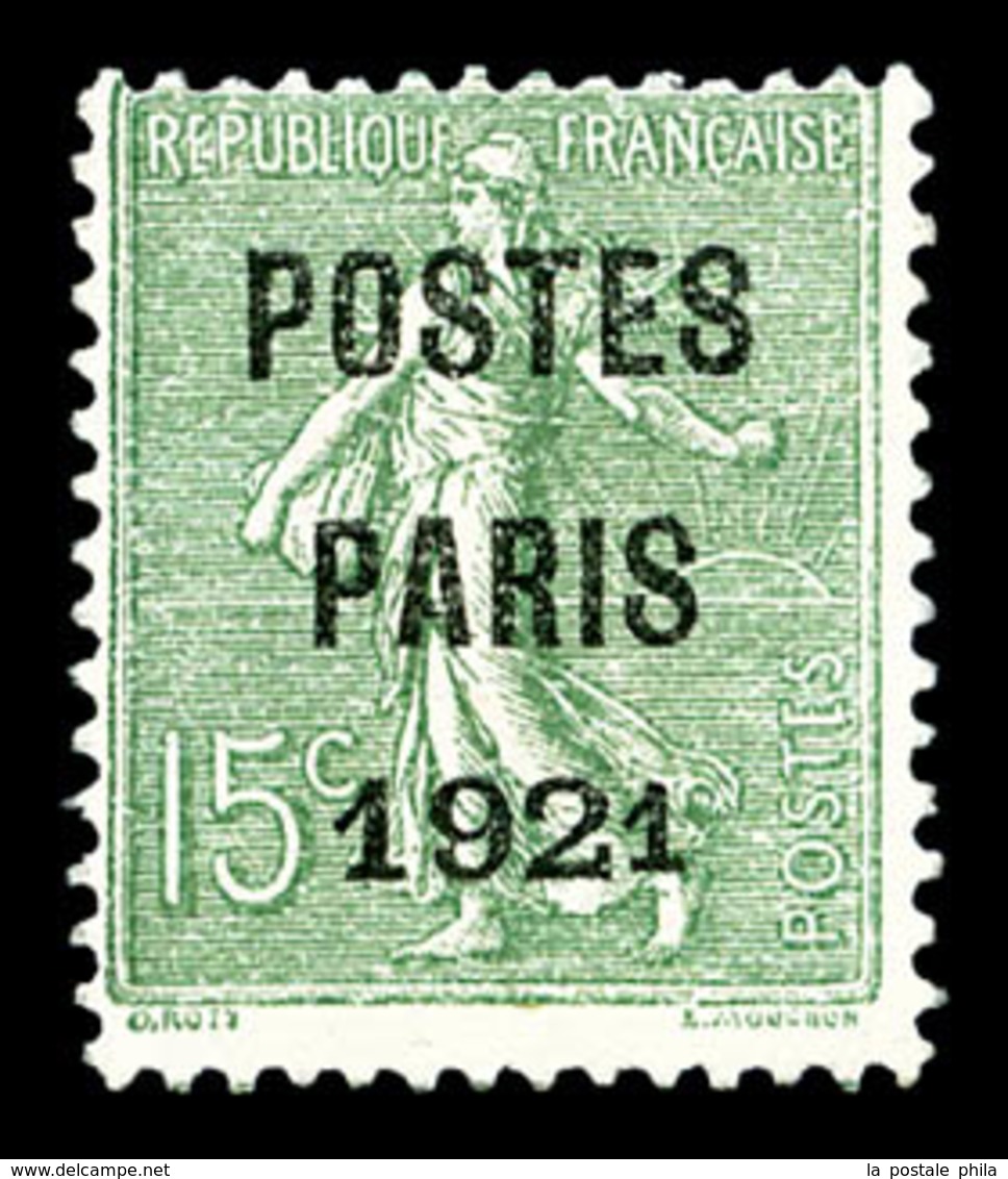 (*) N°28a, 15c Vert-olive. Postes Paris 1921. Grands Chiffres '192' (Inconnu Avec Gomme). R.R.R. Superbe (signé Scheller - 1893-1947