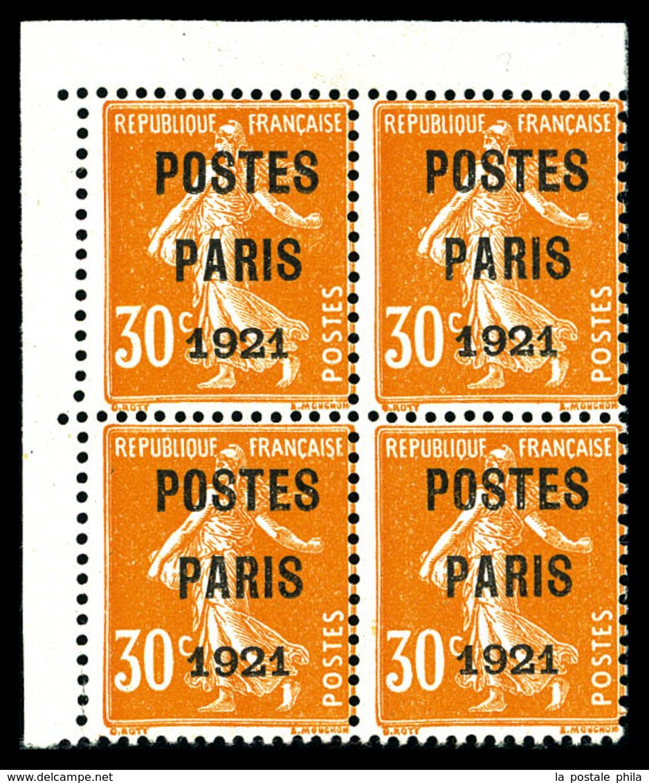 (*) N°29, Semeuse 30c Orange Surchargé 'POSTE PARIS 1921' En Bloc De Quatre Cdf. TB  Qualité: (*) - 1893-1947