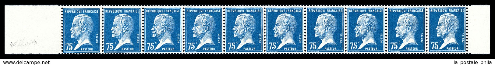 ** N°15, Pasteur, 75c Bleu En Bande Horizontale De 10 Exemplaires Avec Bord De Feuille. SUP. R.R. (certificat)  Qualité: - Coil Stamps