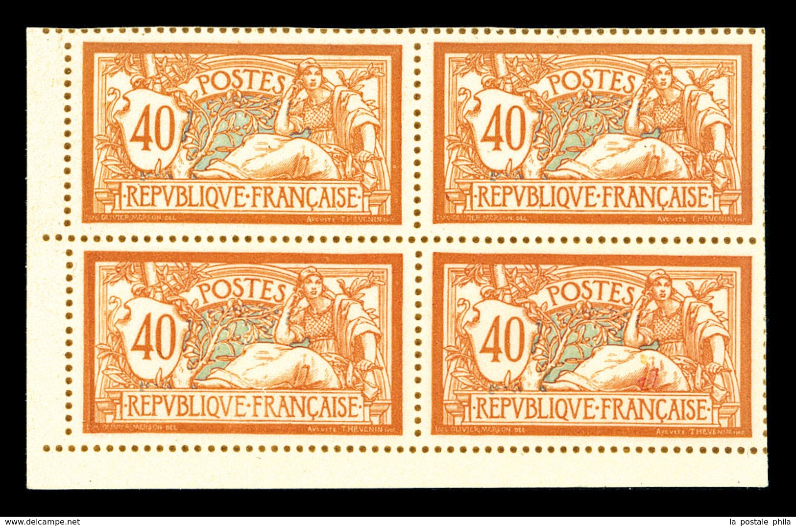 (*) N°119, 40c Merson, Tirage Sur Bristol Dentelure Figurée En Bloc De Quatre Cdf. TTB (certificat)  Qualité: (*)  Cote: - Unused Stamps