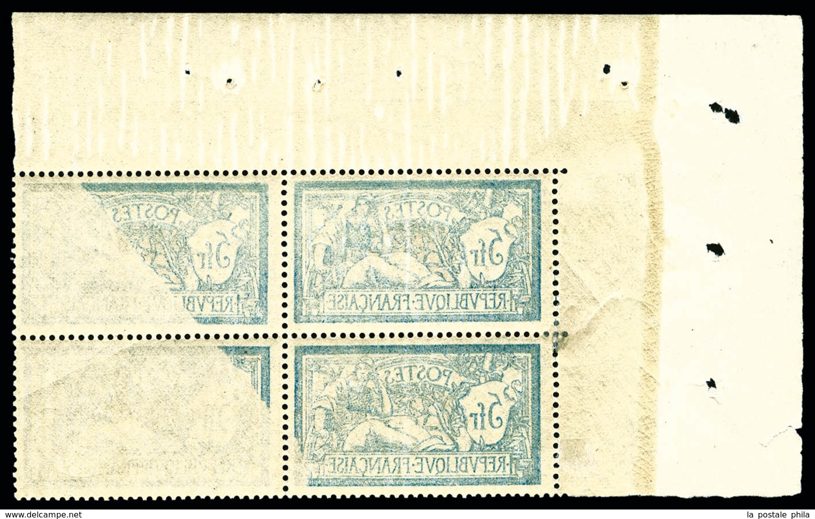 ** N°123, 5F Bleu Et Chamois, Impression Recto-verso En Bloc De Quatre Coin De Feuille, RARE Et SUP (certificat)   Quali - Unused Stamps