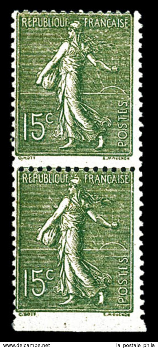 ** N°130, 15c Semeuse, Dentelé Sur 3 Cotés Tenant à Normal. SUP (certificat)  Qualité: ** - Unused Stamps