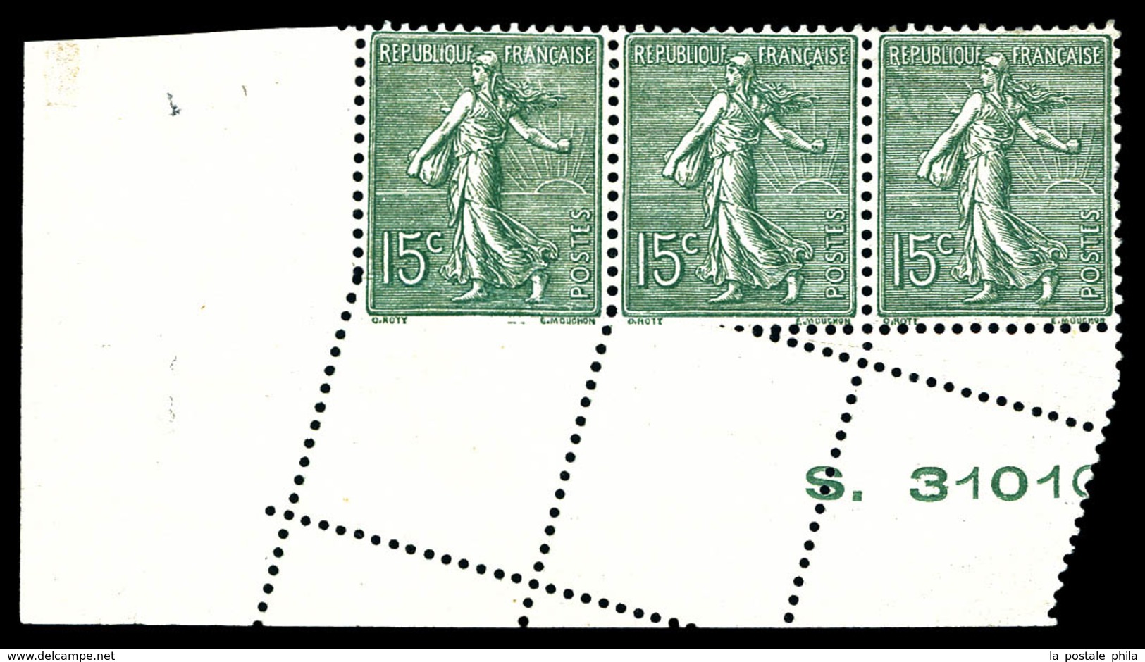 * N°130r, 15c Semeuse, Piquage Oblique Par Pliage Sur Bde De 3 Coin De Feuille Numéroté. TTB (certificat)  Qualité: * - Unused Stamps