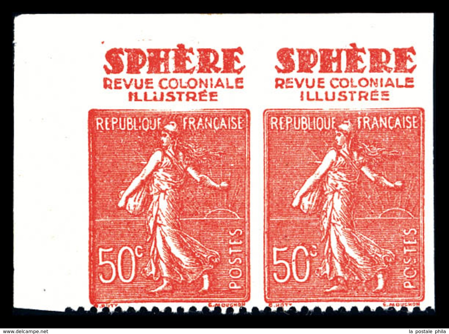 ** N°199, 50c Semeuse Avec Pub 'SPHERE', Dentelé Sur 1 Coté En Paire. SUP (certificat)  Qualité: ** - Unused Stamps