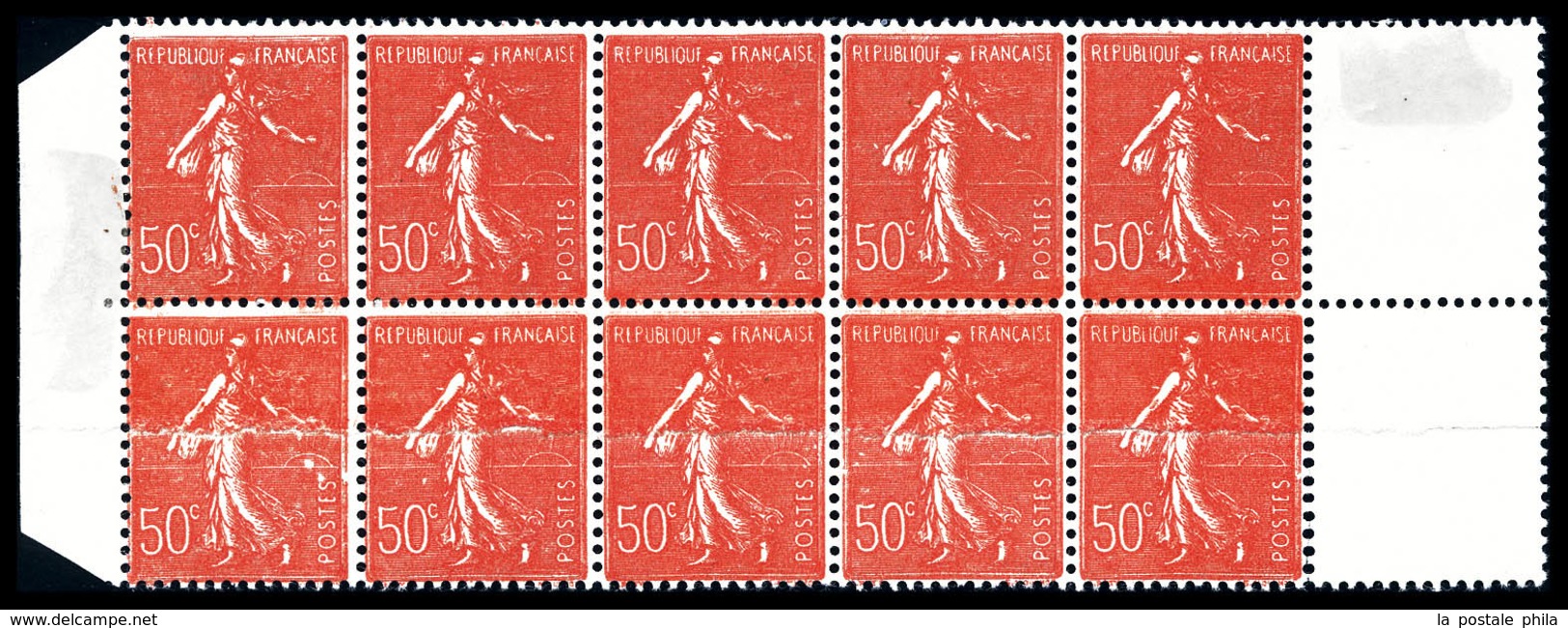 ** N°199i, 50c Semeuse, Impression Sur Raccord En Bloc De 10 Exemplaires Bdf. SUP (certificat)  Qualité: **  Cote: 825 E - Unused Stamps