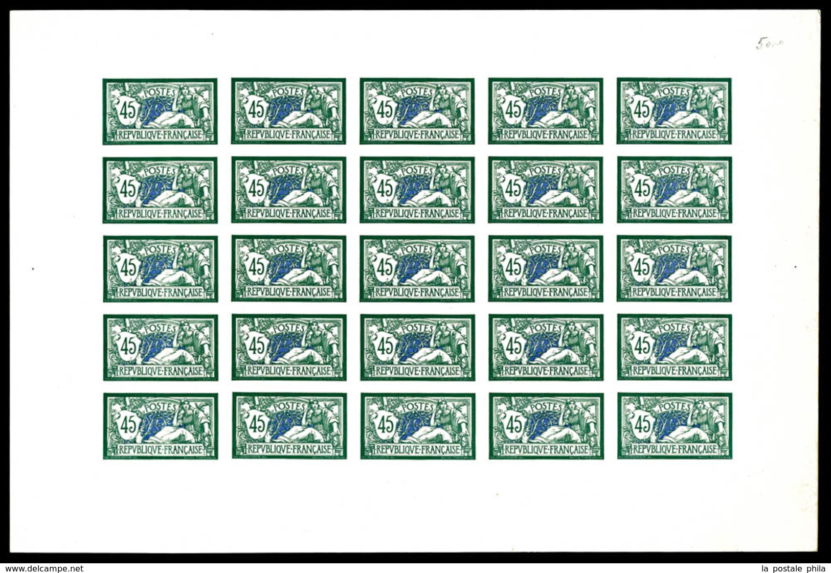 (*) N°143, 45c Vert Et Bleu: Impression De Luxe Sur Bristol En Feuille Complète De 25 Exemplaires, R.R.R (certificat)    - Feuilles Complètes