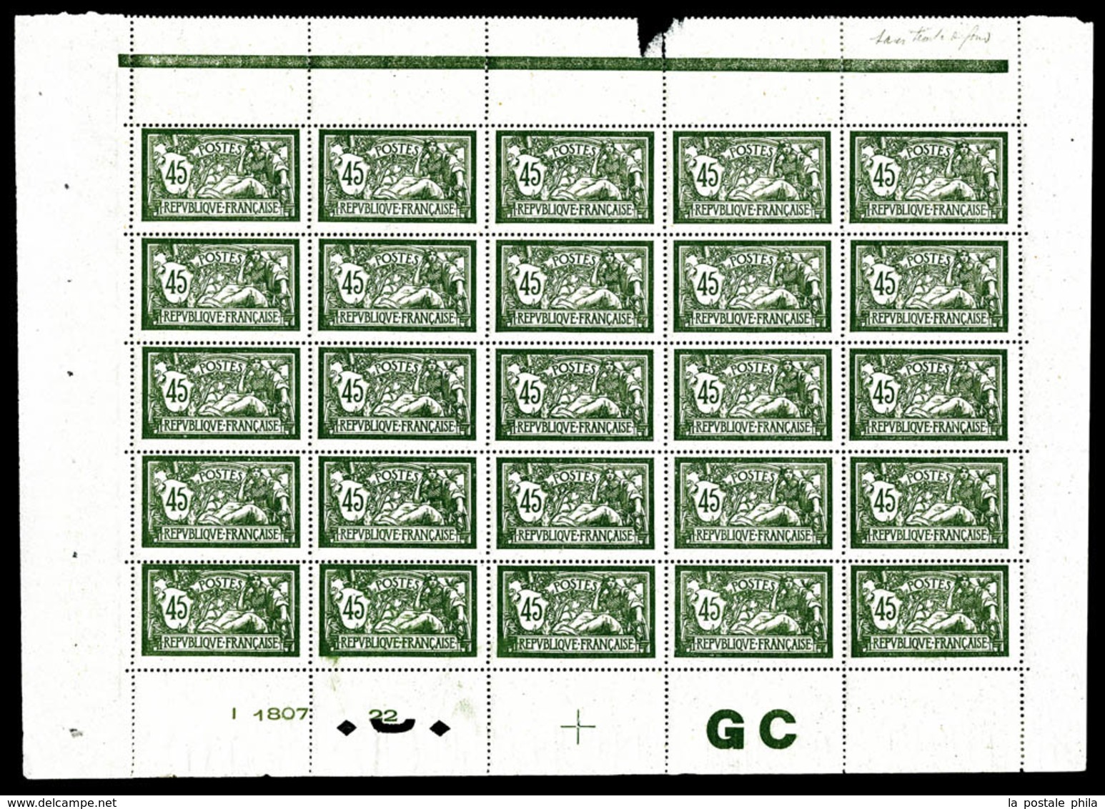 ** N°143a, 45c Vert SANS TEINTE DE FOND, Papier GC En Feuille Complète De 25 Exemplaires Avec Croix De Repère Et Manchet - Feuilles Complètes