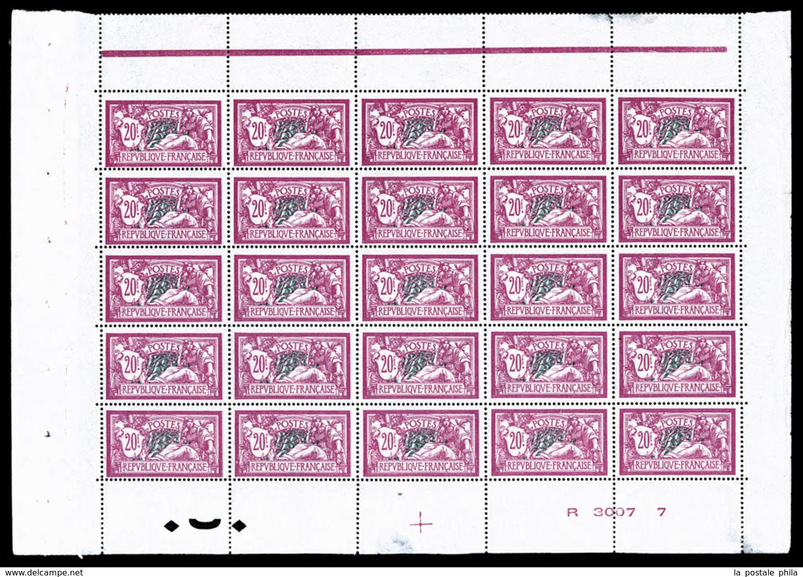 ** N°208, Merson, 20F Lilas-rose Et Vert-bleu En Feuille De 25 Exemplaires Avec Croix De Repère Et Numéro De Feuille, In - Feuilles Complètes