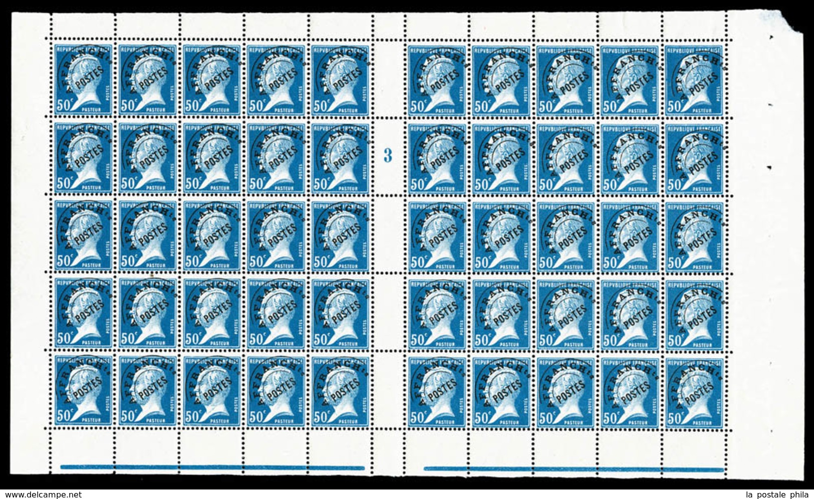 ** N°68, Pasteur, 50c Bleu Surchargé En Feuille De 50 Exemplaires Millésime '3', PIECE SUPERBE Et R.R.R. (certificat)  Q - Feuilles Complètes