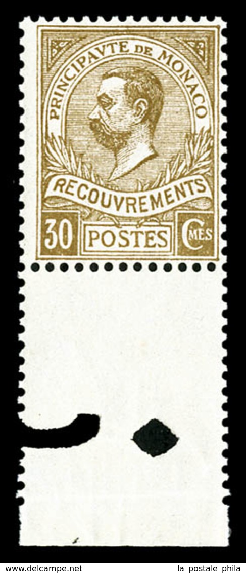 ** MONACO Taxe, N°10, 30c Bistre, Bas De Feuille, SUP (certificat)  Qualité: **  Cote: 660 Euros - Unused Stamps