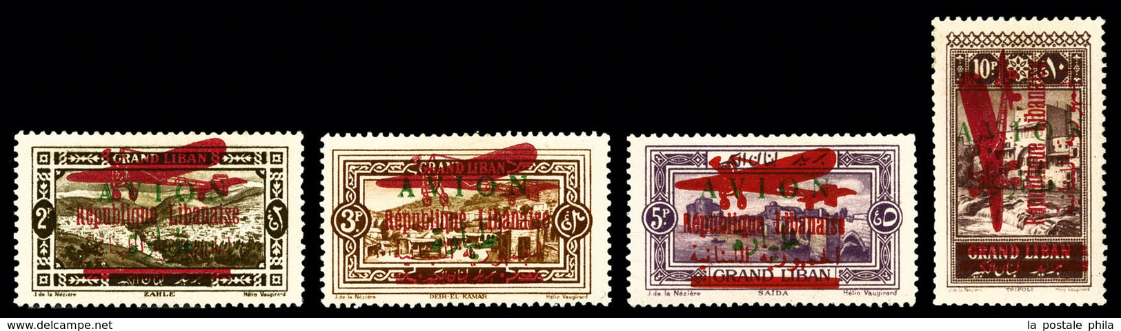 * GRAND LIBAN PA, N°31/35, 2pi Sépia, 3pi Brun, 5pi Violet Et 10pi Brun-lilas: Les 4 Valeurs Avec Surcharge Verte Biling - Ungebraucht