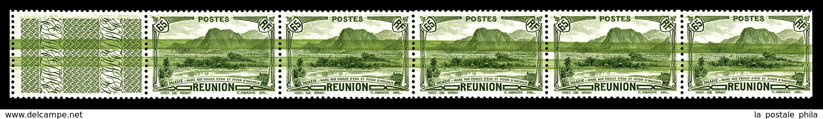 ** REUNION N°137, Salazie 65 Olive, Superbe Variété D'essuyage Sur Bande De 5 Exemplaires. R. (certificat)  Qualité: ** - Unused Stamps