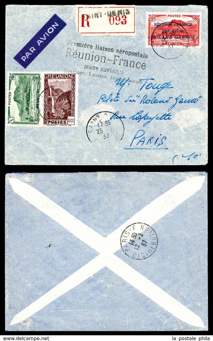 O REUNION PA, N°1, 50c Rouge Surchargé 'Rolland Garros' (+N° 140 Et 132) Avec Griffe '1ère Liaison Aèropostale' Sur Lett - Unused Stamps