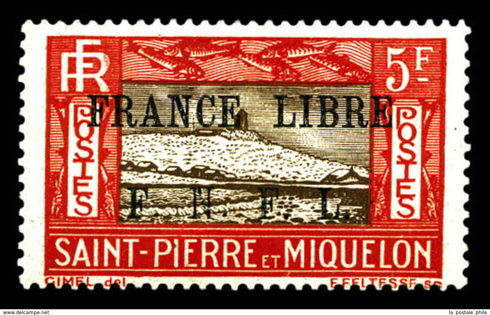 * SAINT PIERRE ET MIQUELON N°244, 5f Rouge Et Brun Surchargé 'FRANCE LIBRE'. SUP. R.R. (signé Calves/certificat)  Qualit - Used Stamps