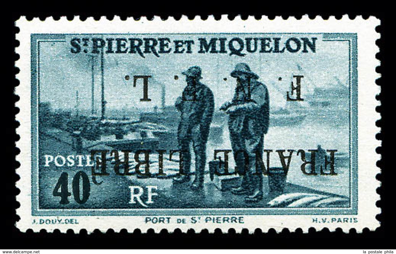 ** SAINT PIERRE ET MIQUELON N°255A, 40c Bleu-gris, SURCHARGE F.N.F.L RENVERSEE, Fraîcheur Postale, RARE Et SUPERBE (sign - Used Stamps