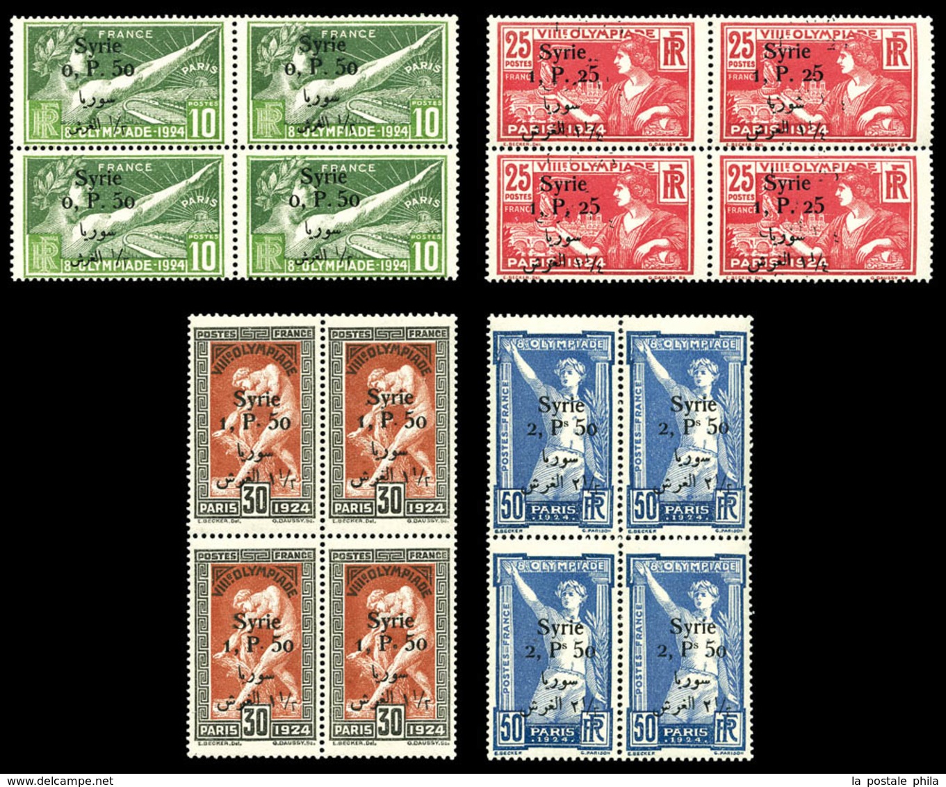 ** SYRIE N°149/52, Série JO De 1924 Surchargée En Blocs De 4, SUP (certificat)  Qualité: **  Cote: 872 Euros - Used Stamps