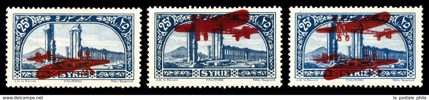 * SYRIE PA, N°42, 25 Pi Bleu: Ensemble Comprenant 1 Exemplaire Surcharge Renversée, 1 Exemplaire Double Surcharge Et Un  - Used Stamps