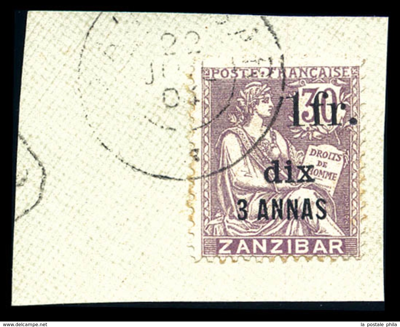 O ZANZIBAR N°67, 1 Fr Et Dix Sur 3a Sur 30c, Sur Son Support. TTB. R. (signé Calves/certificat)  Qualité: O  Cote: 2300  - Unused Stamps