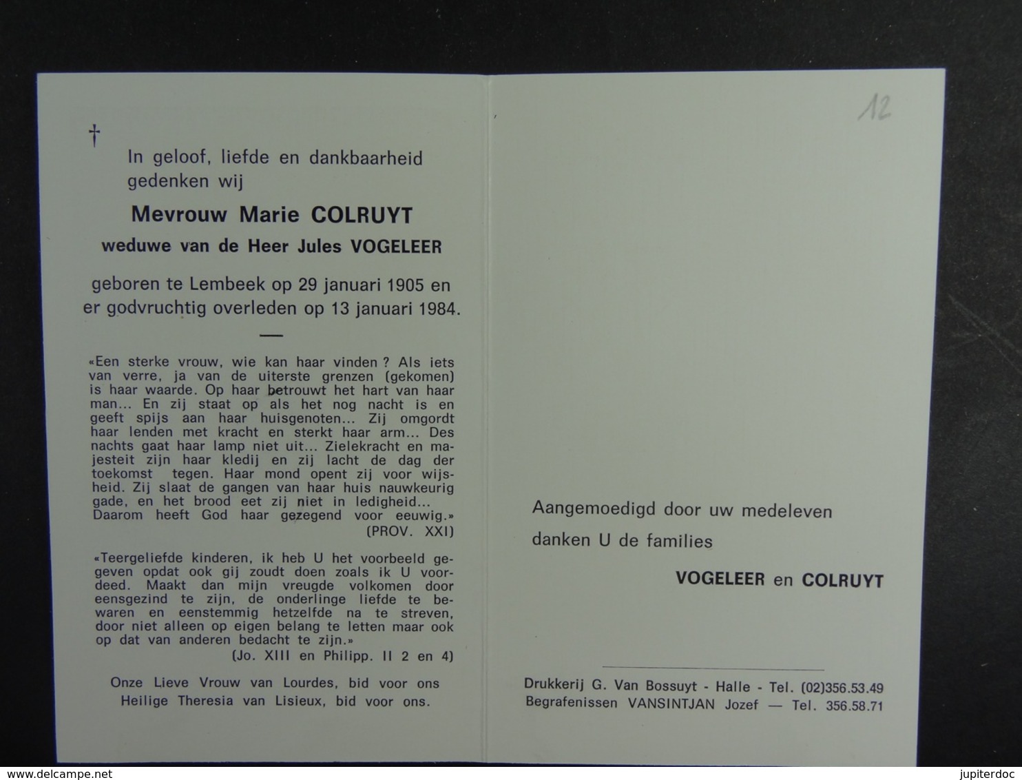 Marie Colruyt Vve Vogeleer Lembeek 1905 1984 /12/ - Images Religieuses