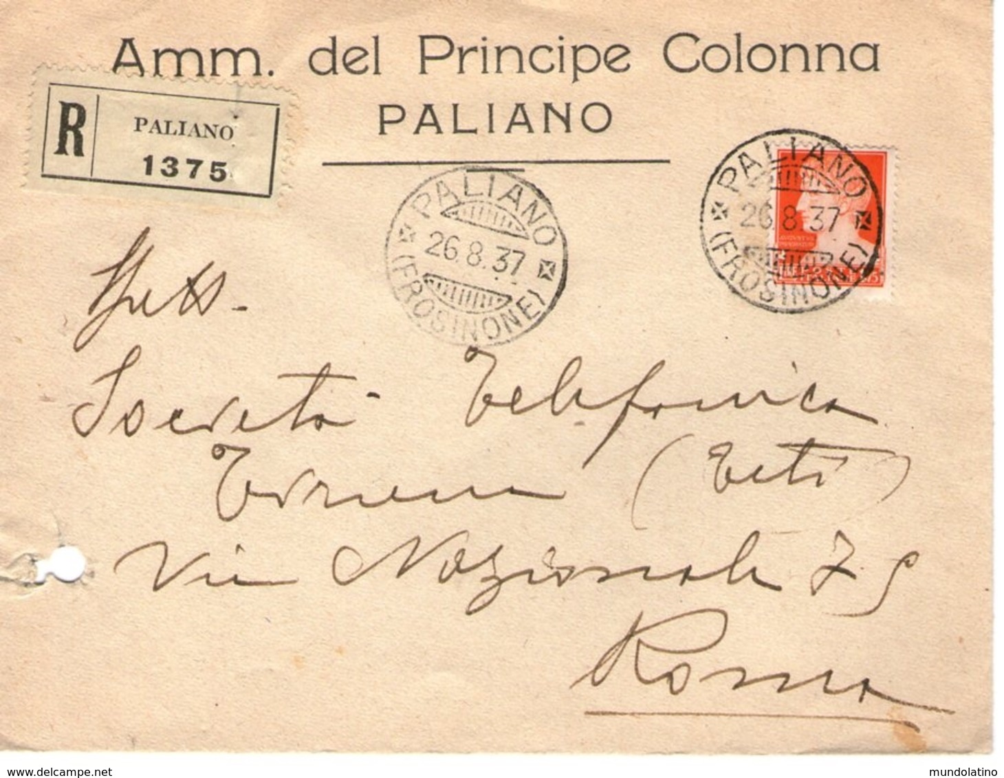 Raccomandata Da Paliano Frosinone Principe Colonna Per Roma 26.08.1937 - Poststempel