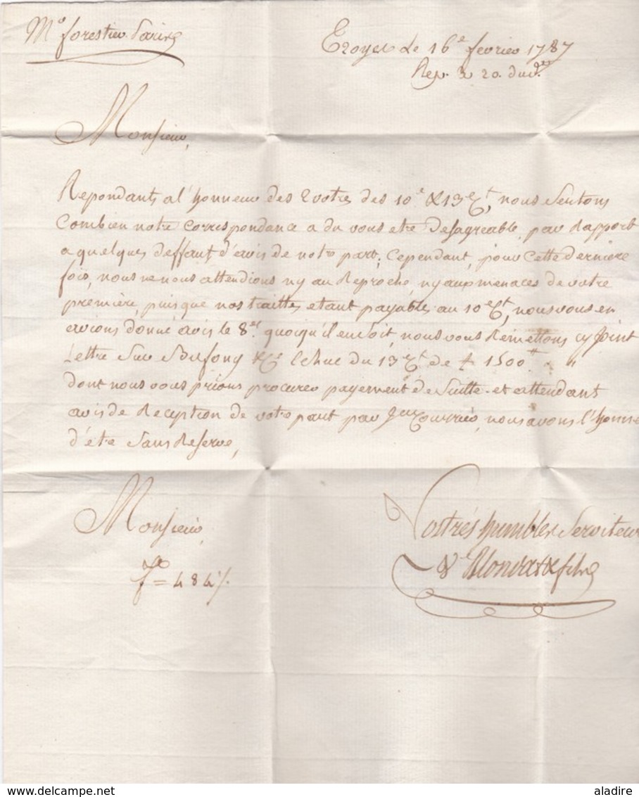 1787 - Règne De Louis XVI - Marque TROYES Sur Lettre Avec Correspondance Commerciale Vers Paris - 1701-1800: Précurseurs XVIII