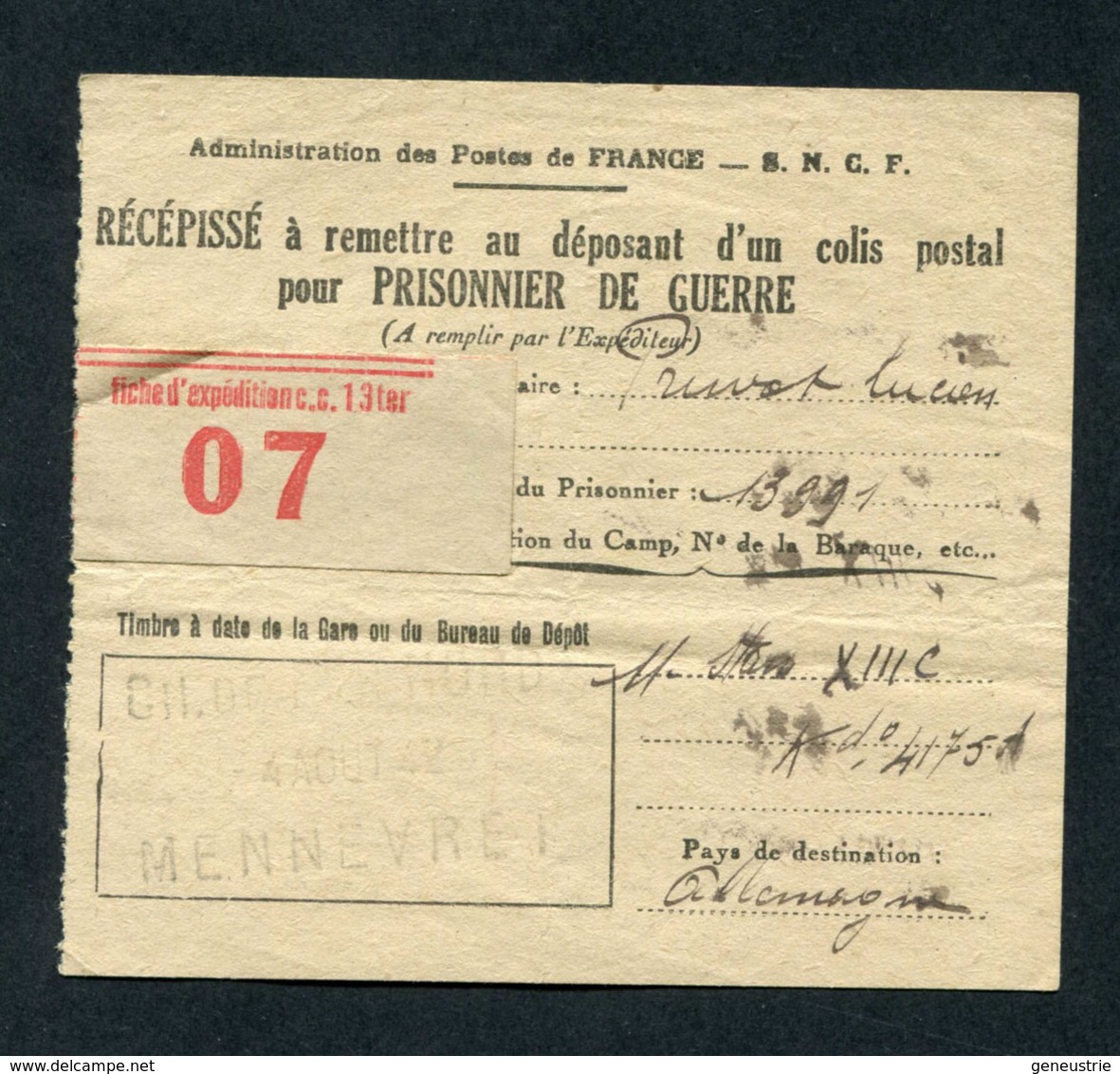 WWII "Récépissé à Remettre Au Déposant D'un Colis Postal Pour Prisonnier De Guerre" Gare De Mennevret - Aisne WW2 - Autres & Non Classés