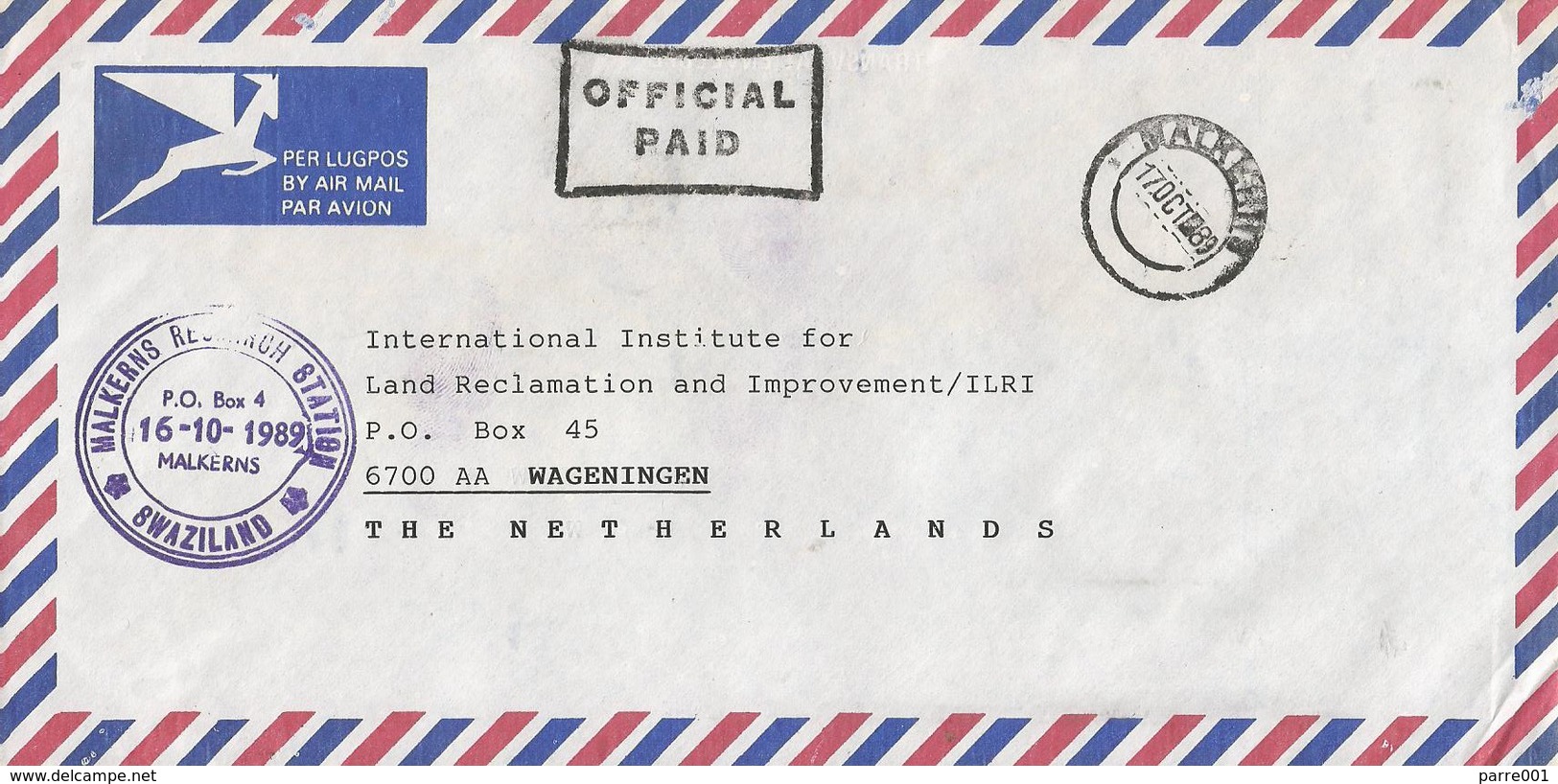 Swaziland 1989 Malkerns Unfranked Official Paid Cover - Swaziland (1968-...)