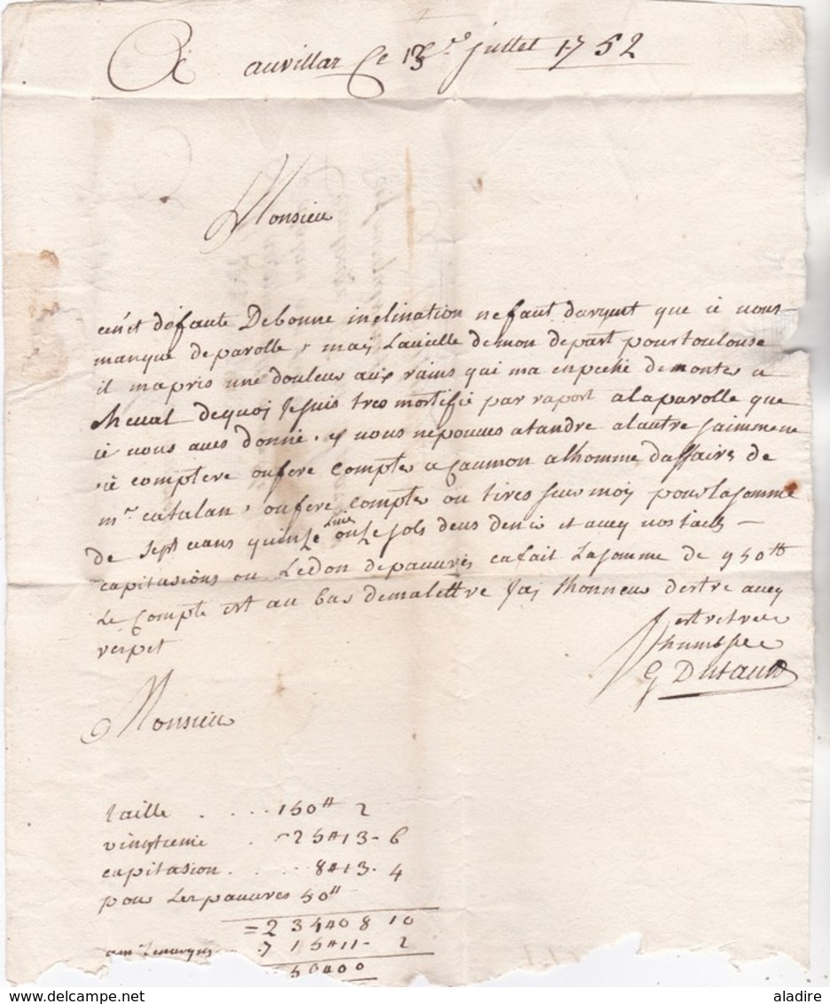 1752 - Règne De Louis XV - Marque  VALENCE D'AGEN  Sur Lettre Avec Correspondance Commerciale Vers Toulouse - 1701-1800: Precursors XVIII