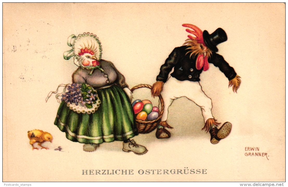 Ostern, Hahn Und Henne, Sign. Erwin Granner, 30er Jahre - Pâques