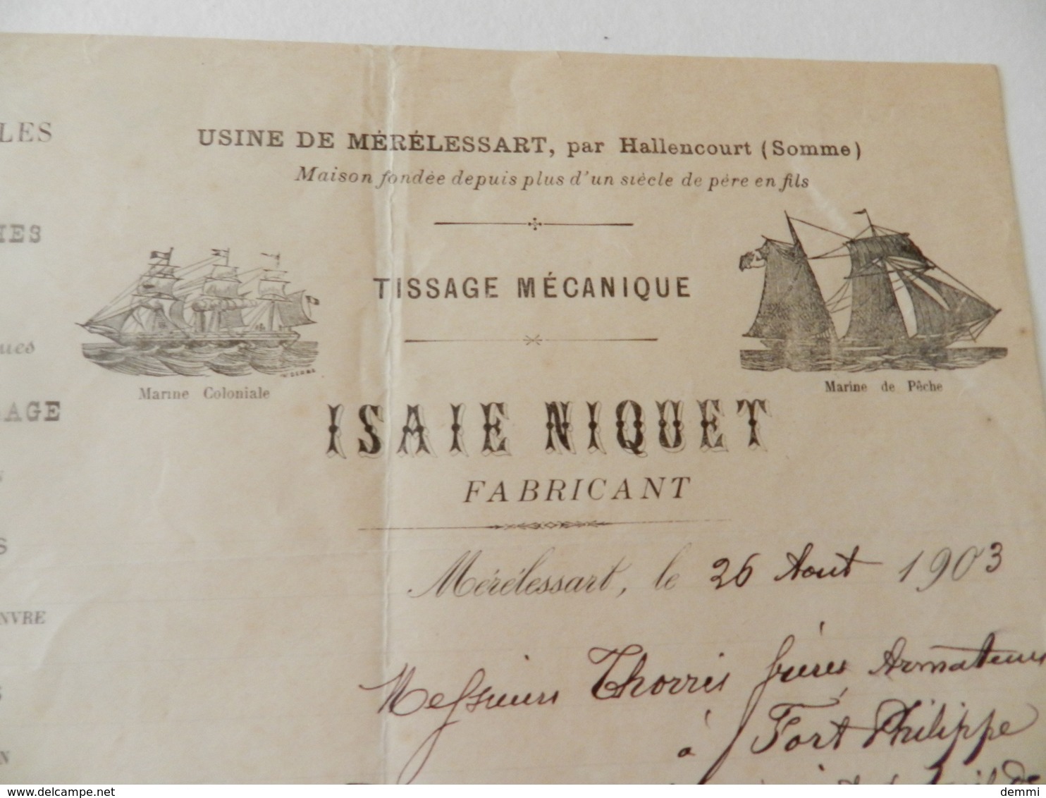 Facture : Tissage Mécanique Isaie Niquet - Usine De Mérélessart Par Hallencourt (Somme) - 1903 - Alimentaire