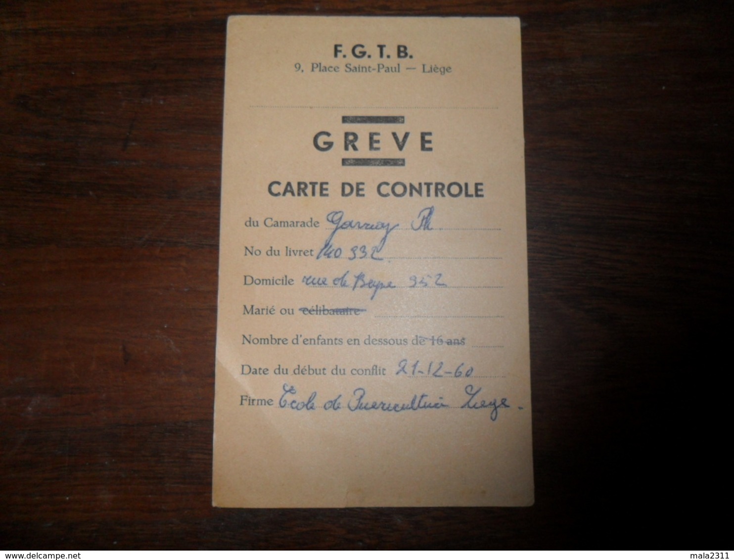 ANCIEN SOUVENIR  /  FGTB CARTE CONTROLE  GREVE 1960 - Obj. 'Souvenir De'