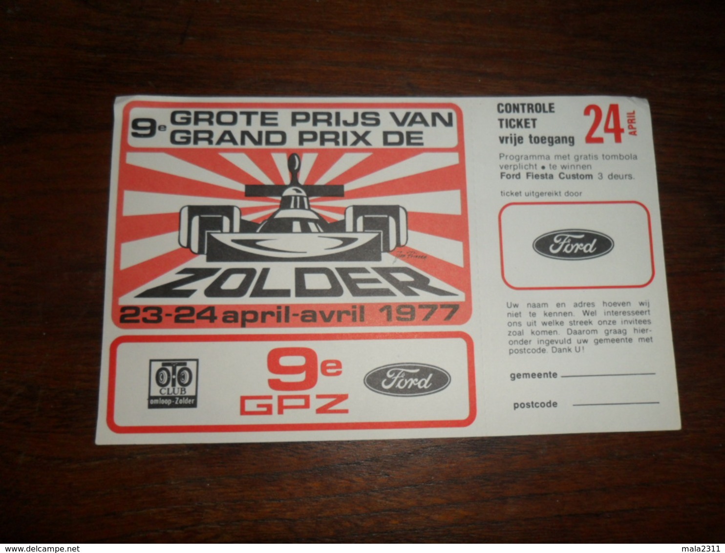 ANCIEN CADEAU PUBLICITAIRE / FORD / TICKET  9 E  GRAND PRIX ZOLDER 1977 - Voitures