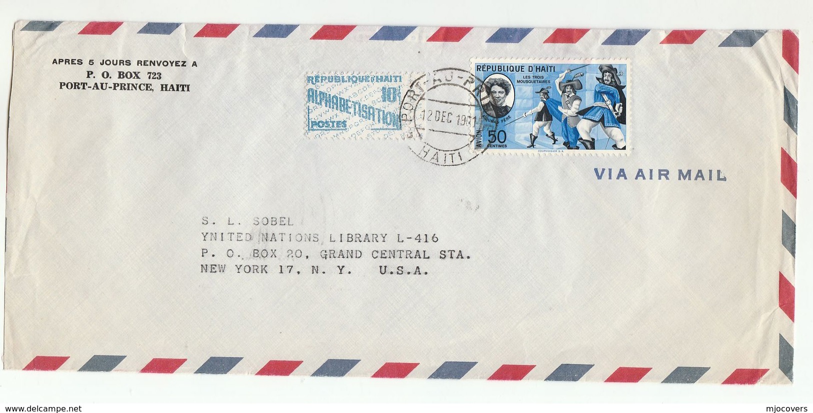 1961 HAITI COVER DUMAS MUSKETEERS Stamps To UNITED NATIONS USA Airmail Un Literature - Haiti