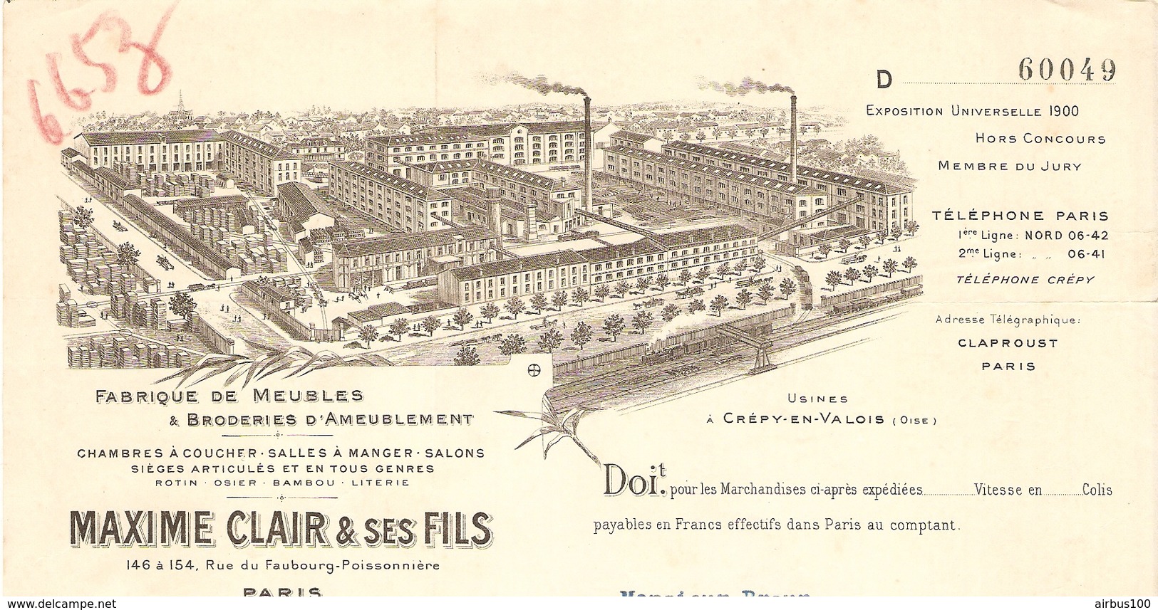 FACTURE 1916 MAXIME CLAIR & FILS RUE DU FG POISSONNIERE PARIS 10 ème - ROTIN OSIER BAMBOU - USINE A CRÉPY EN VALOIS OISE - Altri & Non Classificati