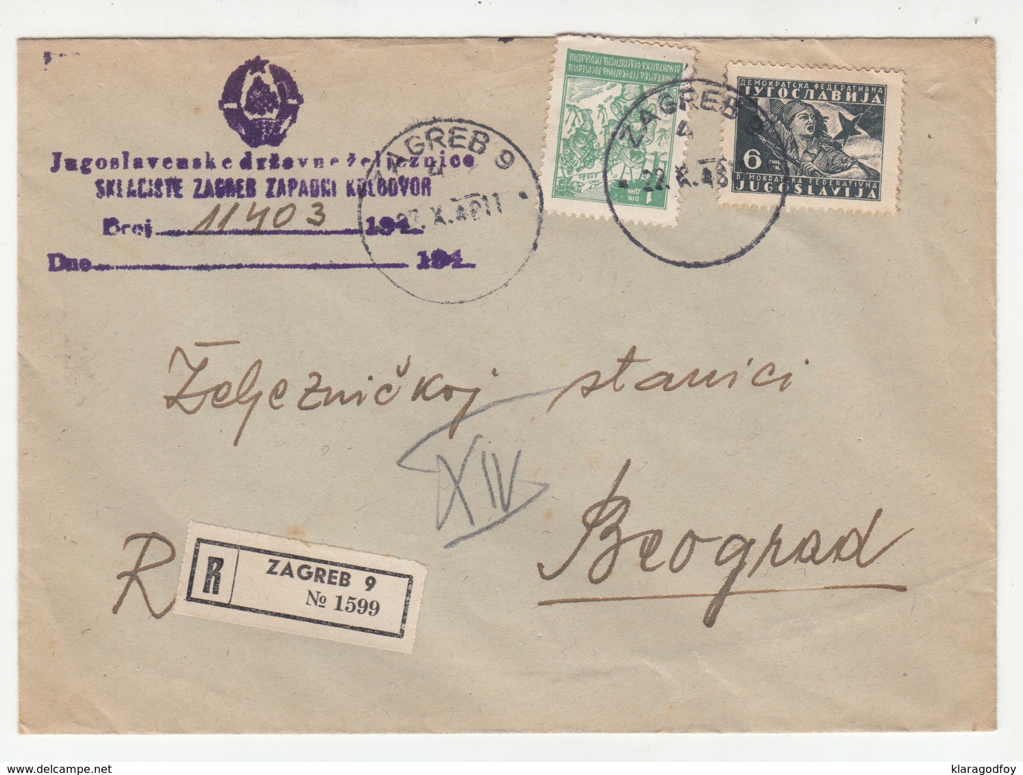 Yugoslav Railway Official Letter Cover Travelled Registered 1948 Zagreb To Beograd B B180910 - Briefe U. Dokumente